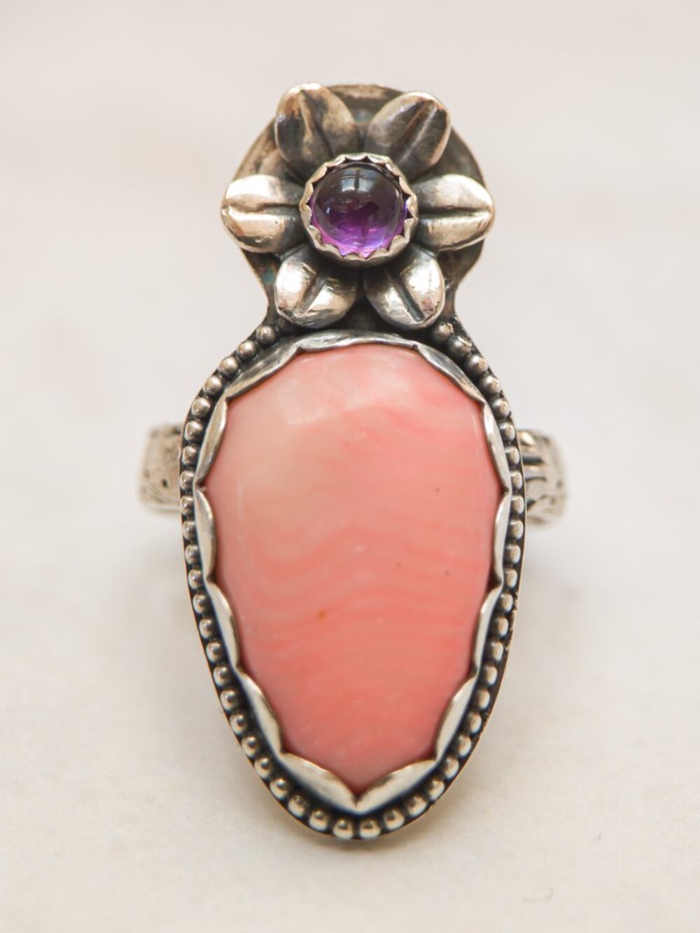Sterling Rhodochrosite & Amethyst Flower Ring — Size 7